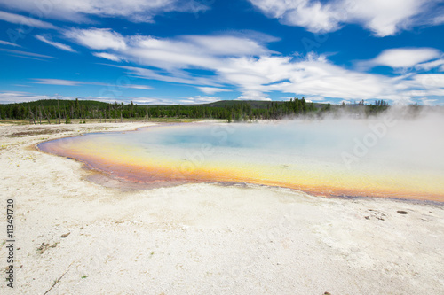 Beautiful cinematic view of nature landscape in the American West under the blue cloudy sky. Geyser.