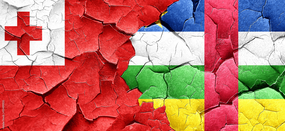 Tonga flag with Central African Republic flag on a grunge cracke