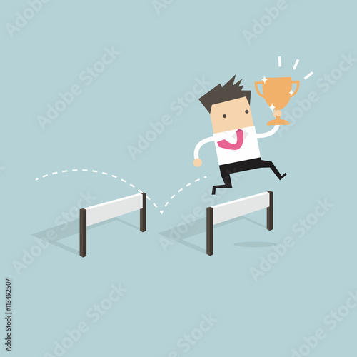Businessman jumping over obstacle and holding trophy vector