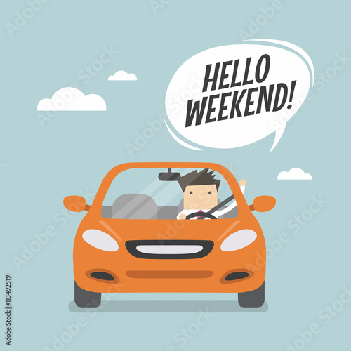 Businessman traveling by car and say Hello weekend.