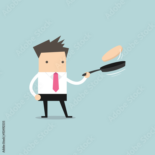 Businessman making fresh pancakes on breakfast vector
