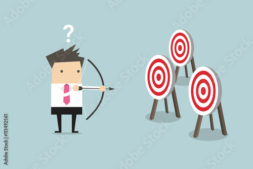 Businessman holding bow and arrow confused by multiple bulls eye target vector