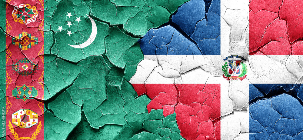 Turkmenistan flag with Dominican Republic flag on a grunge crack