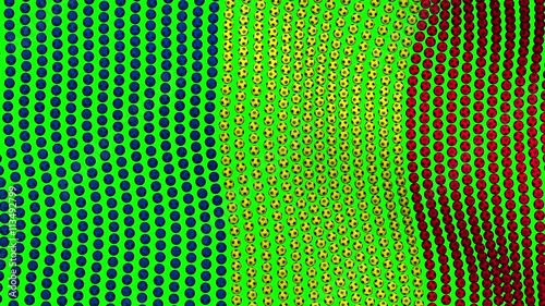 Flag of Romania, consisting of many balls fluttering in the wind, on a green background.Colored soccer balls forming fabric flag. Looped video.