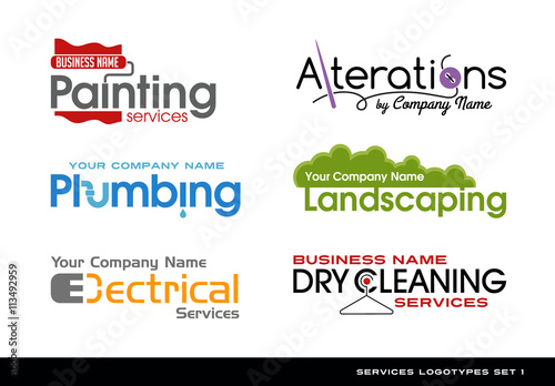 Set of logos logotypes for various services. plumbing, electrical, alterations, landscaping, painting and dry cleaning.