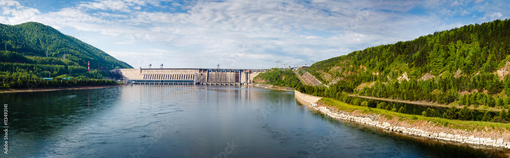 Summer, view of Hydroelectric power station on the Yenisei River Summer, view of Hydroelectric power station on the Yenisei River