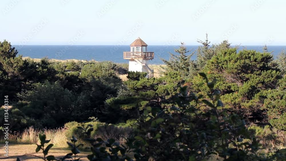 Building Suggesting A Lighthouse Amid Trees With Ocean In Background Building Suggesting A Lighthouse Amid Trees With Ocean In Background