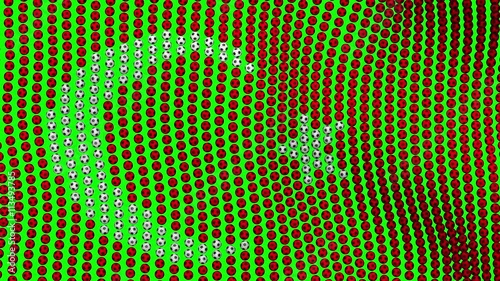 Flag of Turkey, consisting of many balls fluttering in the wind, on a green background.Colored soccer balls forming fabric flag. Looped video.