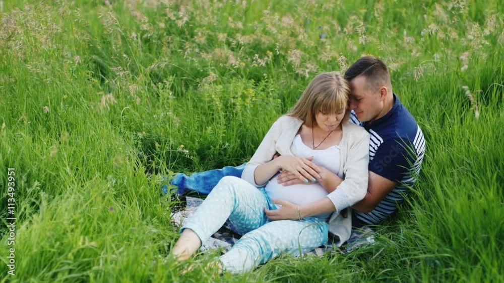 Young family resting on the green meadow. The woman is pregnant Young family resting on the green meadow. The woman is pregnant