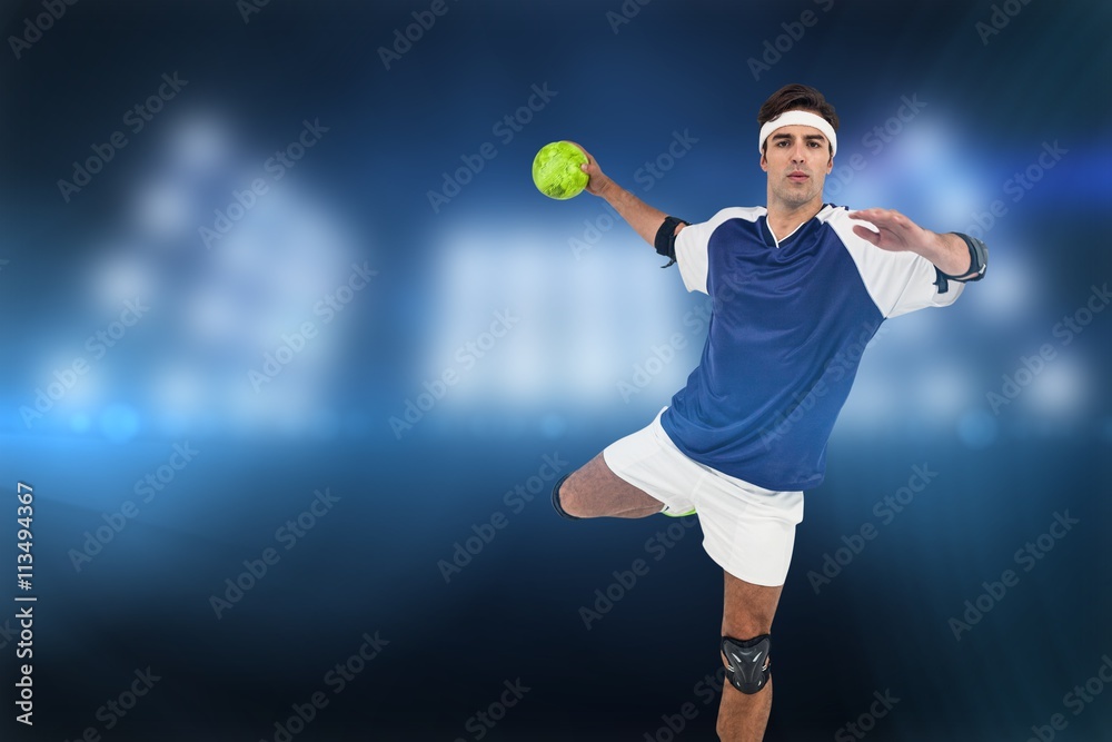Portrait of sportsman throwing a ball against composite image of spotlight Portrait of sportsman throwing a ball against composite image of spotlight