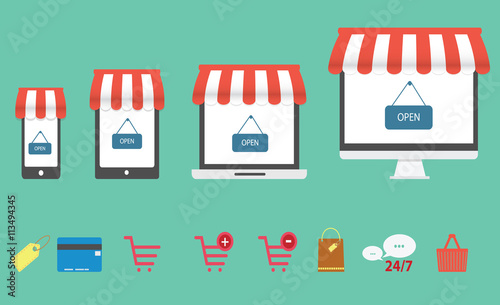 Flat design online shopping icons concept. 4 screen design mobile, tablet,notebook and pc.