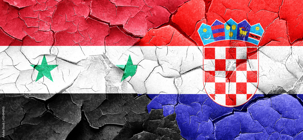 Syria flag with Croatia flag on a grunge cracked wall Syria flag with Croatia flag on a grunge cracked wall
