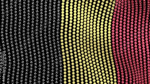 Flag of Belgium, consisting of many balls fluttering in the wind, on a black background.Colored soccer balls forming fabric flag. Looped video.