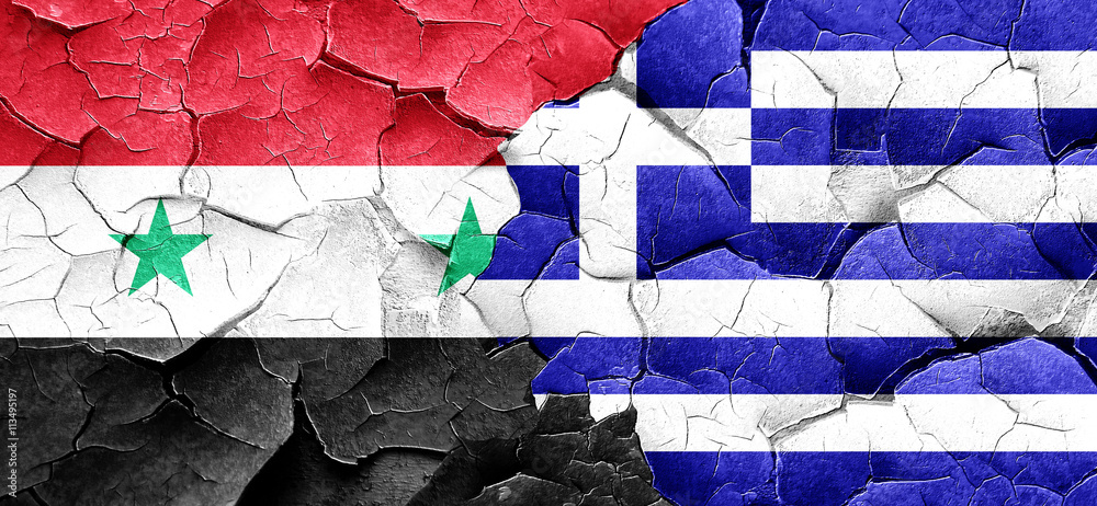 Syria flag with Greece flag on a grunge cracked wall