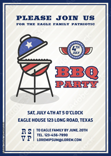 Barbecue's party invitation and response card, fourth of July cerebration, USA Independence day party invitation design with badge and gril. Vector illustration