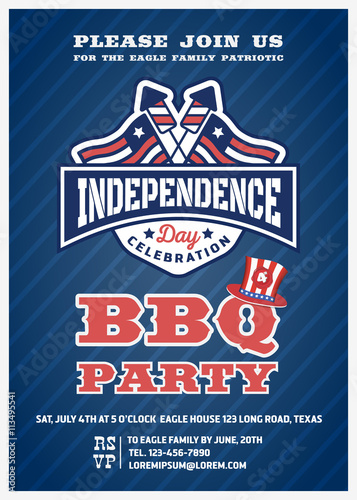 Barbecue's party invitation and response card, fourth of July cerebration, USA Independence day party invitation design with firework and flag badge. Vector illustration