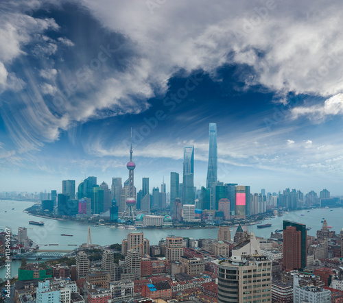 Aerial photography at Shanghai bund Skyline of twilight