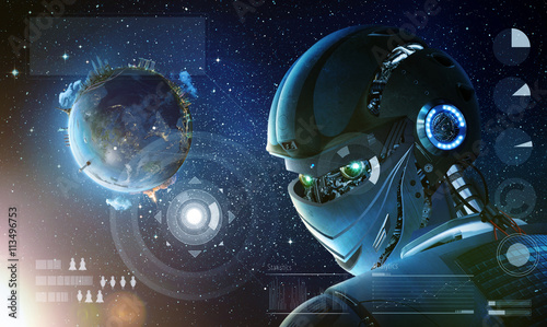 Robot stylish looking back with planet Earth from space. Future technology concept  artificial intelligence. Elements of this image furnished by NASA