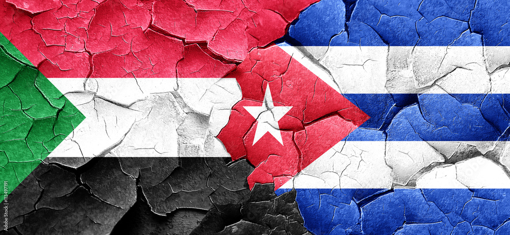 Sudan flag with cuba flag on a grunge cracked wall Sudan flag with cuba flag on a grunge cracked wall