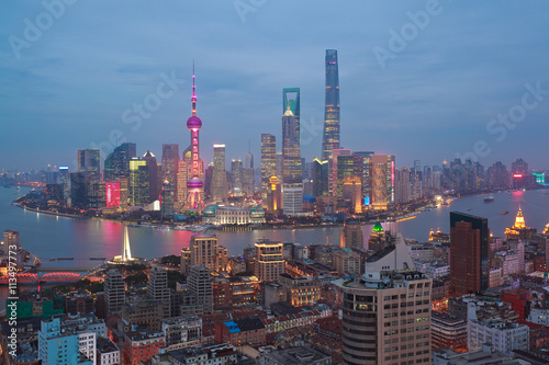 Aerial photography at Shanghai bund Skyline of night scene