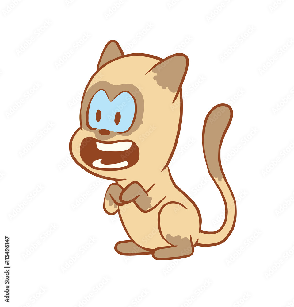 Vector cartoon image of a cute little beige-gray cat sitting with admiring expression on face on a white background. Color image with a brown tracings. Kitten. Positive character. Vector illustration. Vector cartoon image of a cute little beige-gray cat sitting with admiring expression on face on a white background. Color image with a brown tracings. Kitten. Positive character. Vector illustration.