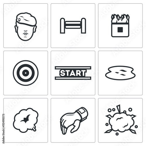 Vector Set of Military Training Camp Icons. Soldier, Obstacle, burning Building, Shooting, Cross, Water, Gas, Ammunition, Explosion.