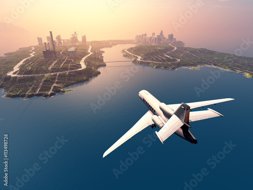 Modern aircraft flies over the island.3d render