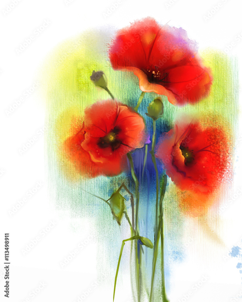 Obraz premium Watercolor red poppy flower painting. Hand paint poppies flowers in soft color and blur style, Blue green color background. Hand painted watercolour, Spring floral seasonal nature background