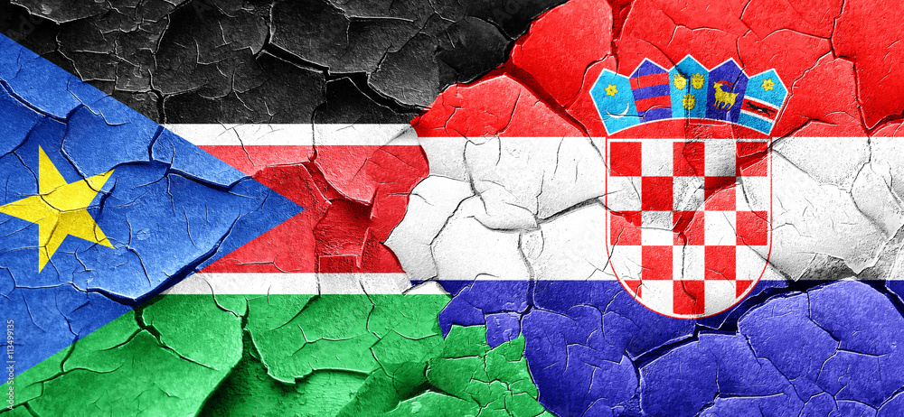 south sudan flag with Croatia flag on a grunge cracked wall