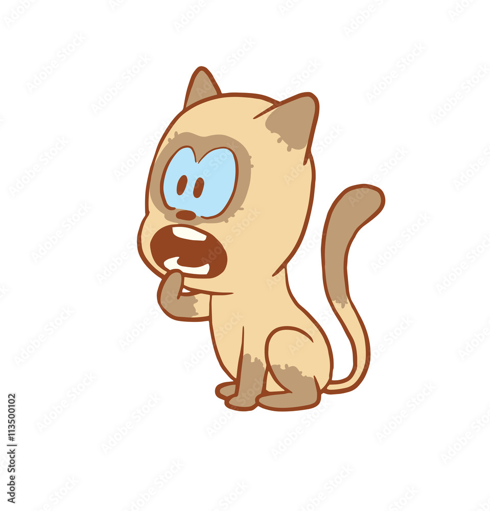 Vector cartoon image of a cute little beige-gray cat sitting and begging for food on a white background. Color image with a brown tracings. Kitten. Positive character. Vector illustration.