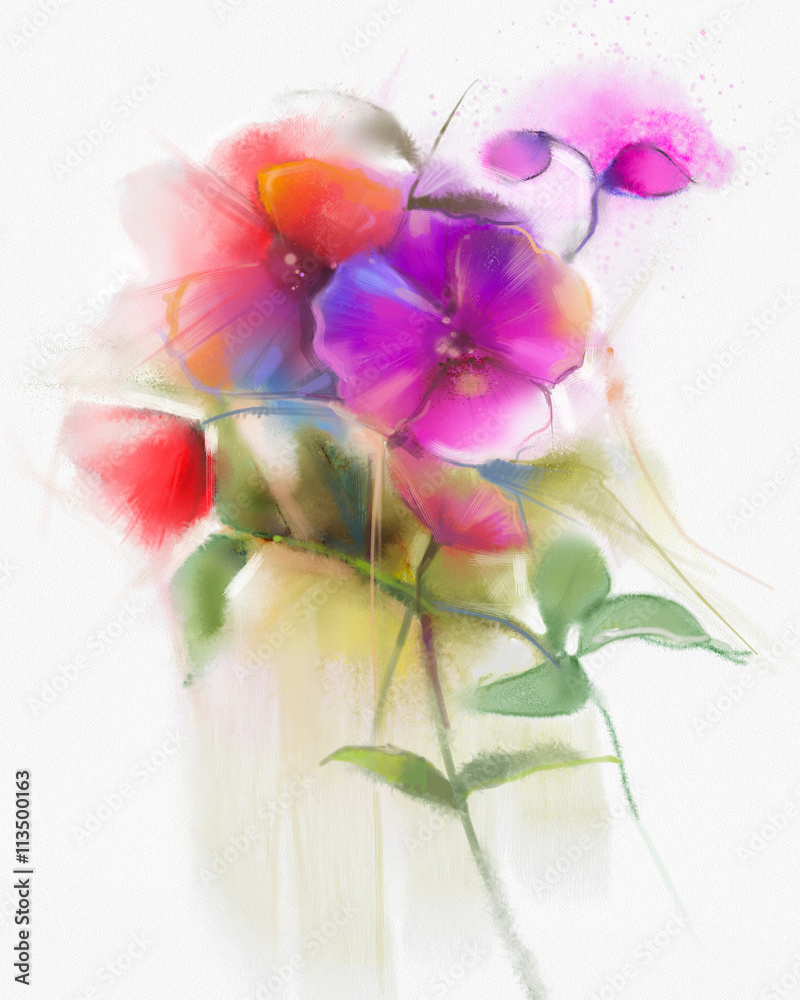 Obraz premium Abstract watercolor flowers painting. Hand paint still life pink and red orchid flower / floral in soft white yellow, green watercolor background. Spring flower nature background