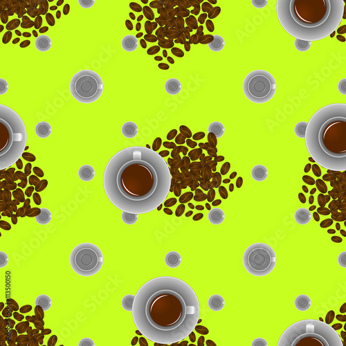 coffee cup and coffee seeds on green seamless pattern