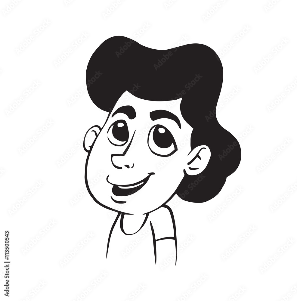 Vector cartoon image of a smiling little boy's head with big eyes and with wavy black hair on a white background. Made in a monochrome style. Vector illustration.