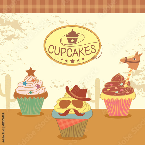 Illustration vector of cupcakes with cowboy theme concept party.Design for Bakery cafe or cakes shop.