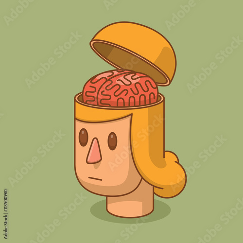 Vector cartoon image of the head of a woman with blond hair and with an open braincase from which appears the pink brain on a green background. Anatomy. Vector illustration.