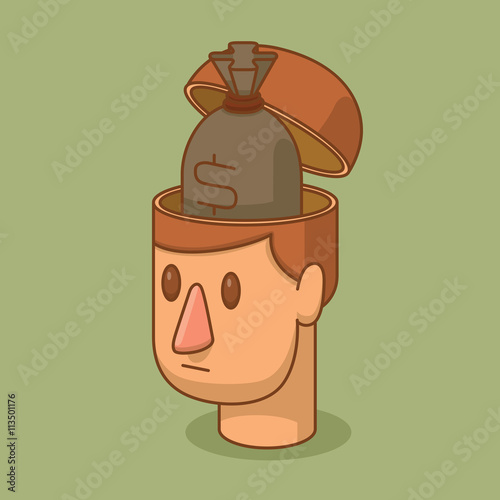 Vector cartoon image of the head of a man with brown hair and with an open braincase from which appears the gray bag with money on a green background. Business, success. Vector illustration.