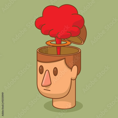 Vector cartoon image of the head of a man with brown hair and with an open braincase from which appears a red cloud of a nuclear explosion on a green background. Blow your mind. Vector illustration.