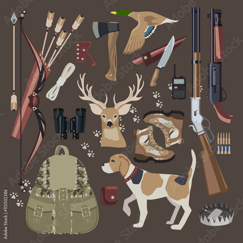 Flat Hunting equipment icon set.