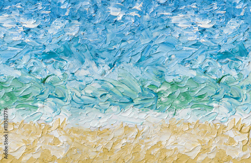Summer abstract oil painting background. Sky, clouds,sea,beach. Palette knife oil paint.