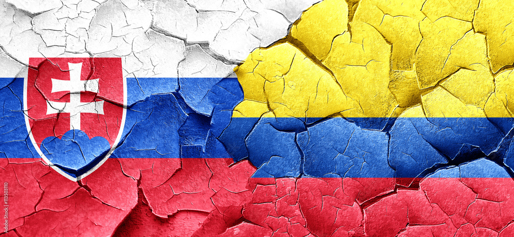 Slovakia flag with Colombia flag on a grunge cracked wall