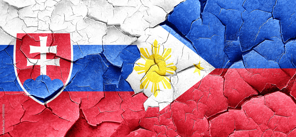 Slovakia flag with Philippines flag on a grunge cracked wall