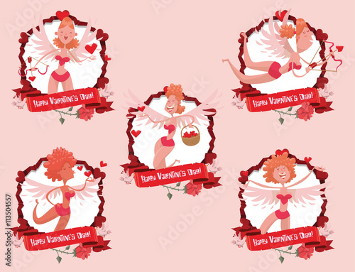Vector set of red round frames with banners, roses, doves, heart symbols and with cartoon images of five sexy female cupids with wings in bikini on a pink background. In the theme of Valentine's Day.
