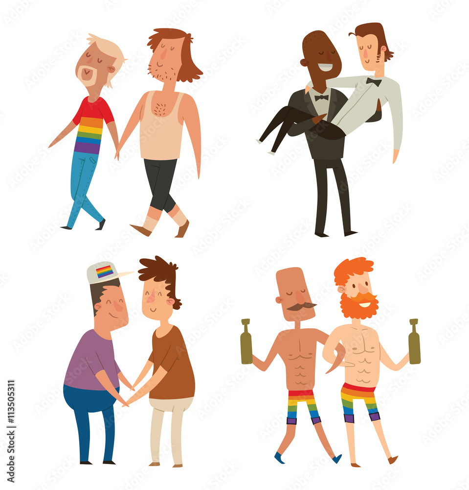 Vector set of cartoon images of different homosexual couples - two men, in  different clothes and in different poses on a white background. Gays.  Vector illustration. Stock Vector | Adobe Stock