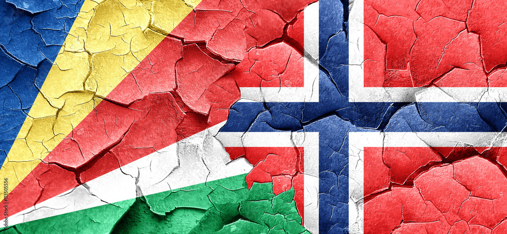 seychelles flag with Norway flag on a grunge cracked wall