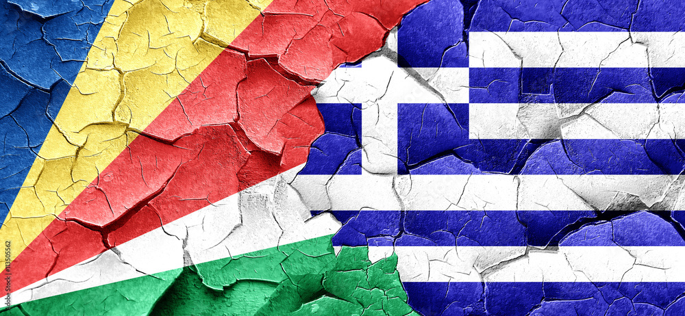 seychelles flag with Greece flag on a grunge cracked wall
