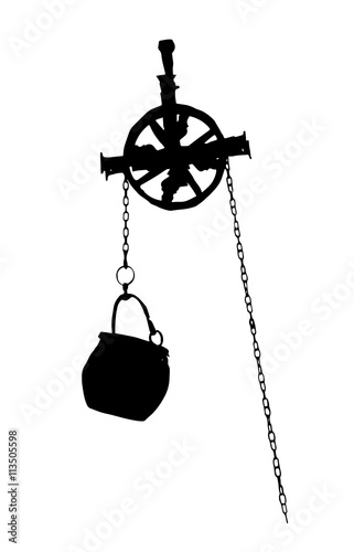Metal bucket hanging on the pulley, black and white vector