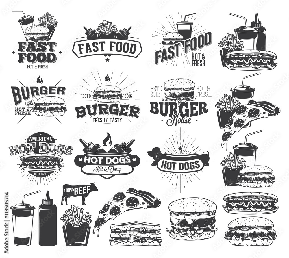 Fast Food Label, Logos and design elements Stock Vector | Adobe Stock