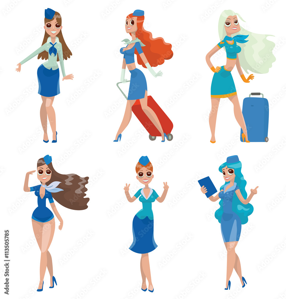 Vector set of cartoon images of beautiful stewardesses with a different hair color, in different clothes and standing in various poses on a white background. Airline. Vector illustration. Vector set of cartoon images of beautiful stewardesses with a different hair color, in different clothes and standing in various poses on a white background. Airline. Vector illustration.