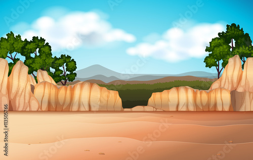 Nature scene with desert field and canyons