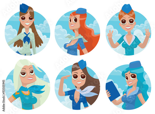 Vector set of six round frames with blue sky and clouds and with cartoon images of beautiful stewardesses with a different hair color, in different clothes in the center on a white background. Airline